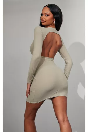 PRETTYLITTLETHING Moss Sand Soft Touch Cut Out Back Bodycon Dress