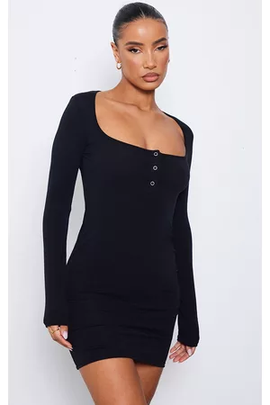 PRETTYLITTLETHING Women Long Sleeve Bodycon Dresses - Black Contour Jersey Popper Long Sleeve Mini Bodycon Dress