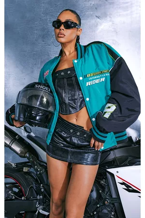 PRETTYLITTLETHING Women Oversized Jackets - Green Graphic Front Oversized Motocross Racer Jacket