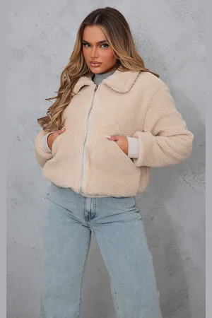 Women's Prettylittlething Light Blue Text Front Funnel Neck Cropped Puffer Jacket - Size Xs