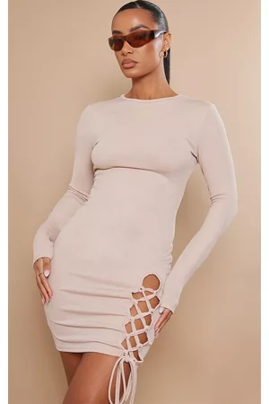 PRETTYLITTLETHING Women Long Sleeve Bodycon Dresses - Taupe Long Sleeve Lace Up Bodycon Dress