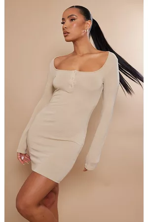 PRETTYLITTLETHING Women Long Sleeve Bodycon Dresses - Stone Contour Jersey Popper Long Sleeve Mini Bodycon Dress