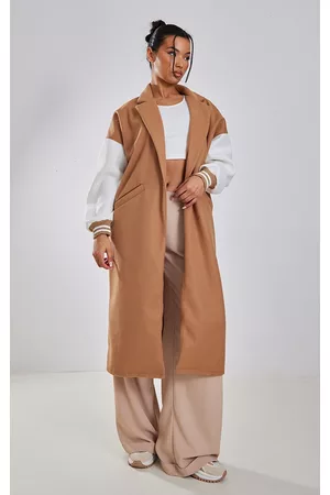 PRETTYLITTLETHING Women Bomber Jackets - Camel Bomber Contrast Sleeve Wool Look Coat
