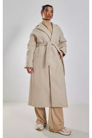 PRETTYLITTLETHING Women Belted Coats - Stone Statement Cuff Wool Look Belted Coat