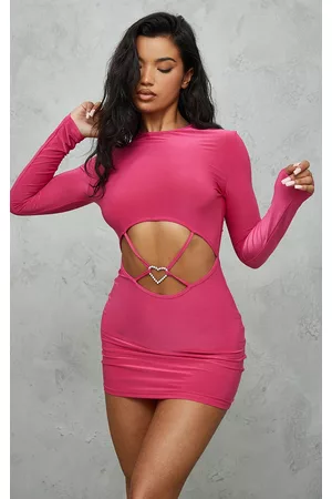 PRETTYLITTLETHING Hot Pink Slinky Heart Trim Detail Long Sleeve Bodycon Dress
