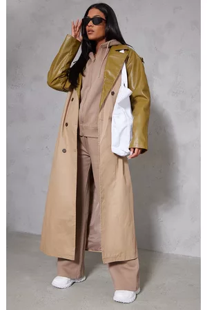 PRETTYLITTLETHING Women Trench Coats - Tall Khaki Stone Pu Contrast Trench Coat