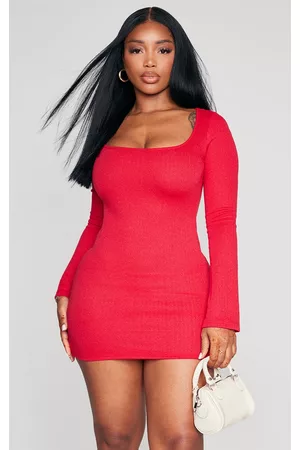 PRETTYLITTLETHING Women Long Sleeve Bodycon Dresses - Shape Red Textured Square Neck Long Sleeve Bodycon Dress