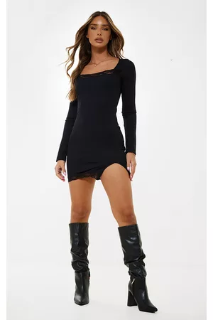 PRETTYLITTLETHING Women Long Sleeve Bodycon Dresses - Black Ribbed Lace Detail Long Sleeve Bodycon Dress