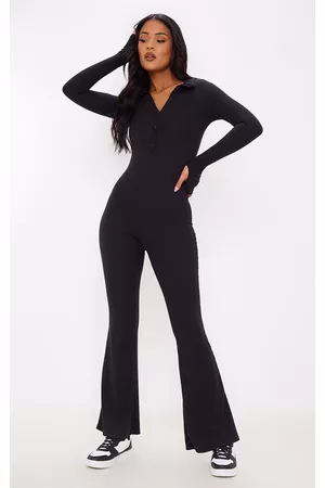 PRETTYLITTLETHING Women Flared Jumpsuits - Tall Black Ribbed Flared Jumpsuit