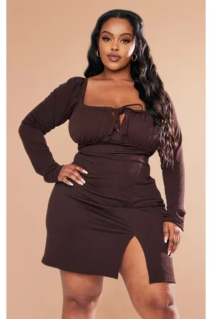 PRETTYLITTLETHING Women Puff Sleeve Dress - Plus Chocolate Puff Sleeve Tie Front Bodycon Dress