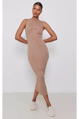 PRETTYLITTLETHING Women Casual Dresses - Soft Brown Jersey Under Wire Bust Detail Midaxi Dress