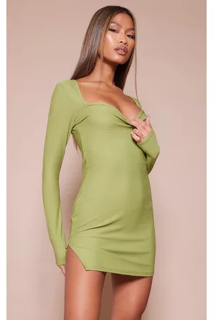 PRETTYLITTLETHING Olive Square Neck Long Sleeve Bodycon Dress