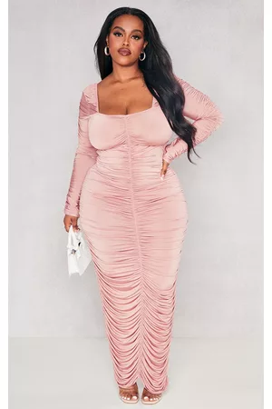 PRETTYLITTLETHING Women Long Sleeve Dresses - Plus Rose Long Sleeve Extreme Ruched Midaxi Dress