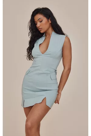 PRETTYLITTLETHING Women V-Neck Dresses - Sage Sleeveless Pocket Detail Plunge Neck Bodycon Dress