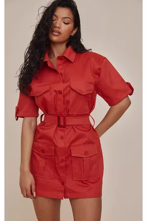 PRETTYLITTLETHING Women Casual Dresses - Rust Cargo Shirt Sleeve Belted Shirt Dress