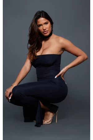 PRETTYLITTLETHING PLT Label Shape Black Bandeau Fit Flare Split Hem Jumpsuit