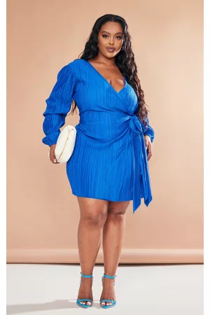 PRETTYLITTLETHING Women Bodycon Dresses - Plus Bright Blue Plisse Wrap Front Bodycon Dress