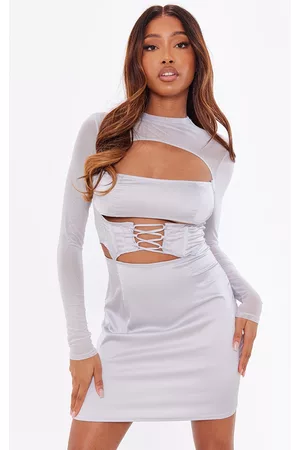 PRETTYLITTLETHING Silver Satin Lace Up Corset Mesh Sleeve Bodycon Dress