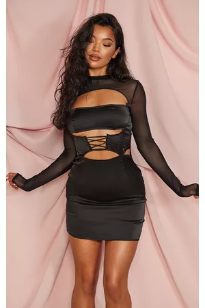 PRETTYLITTLETHING Women Mesh bodycon dresses - Black Satin Lace Up Corset Mesh Sleeve Bodycon Dress
