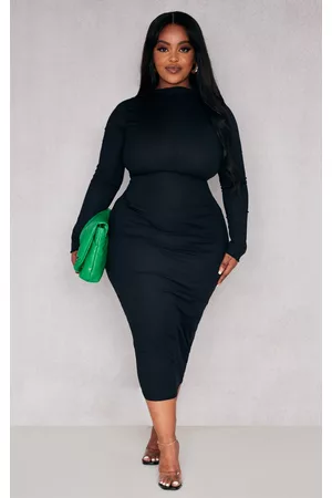 PRETTYLITTLETHING Women Long Sleeve Dresses - Plus Black Rib Lettuce Hem Long Sleeve Midaxi Dress