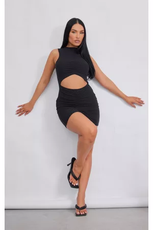 PRETTYLITTLETHING Women Ruched bodycon dresses - Black Ribbed Waist Cut Out Ruched Bodycon Dress