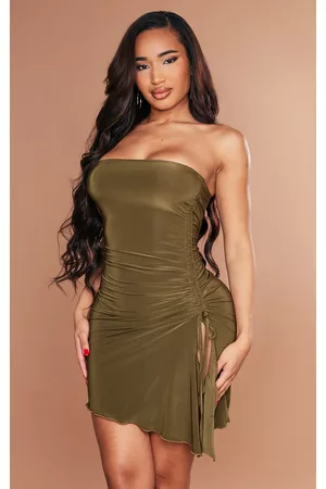 PRETTYLITTLETHING Shape Khaki Slinky Bandeau Ruched Side Frill Hem Bodycon Dress