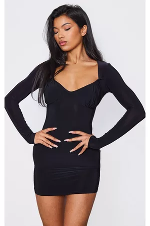 PRETTYLITTLETHING Black Slinky Ruched Bust Long Sleeve Bodycon Dress