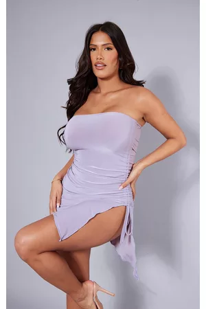 PRETTYLITTLETHING Shape Mauve Slinky Bandeau Ruched Side Frill Hem Bodycon Dress