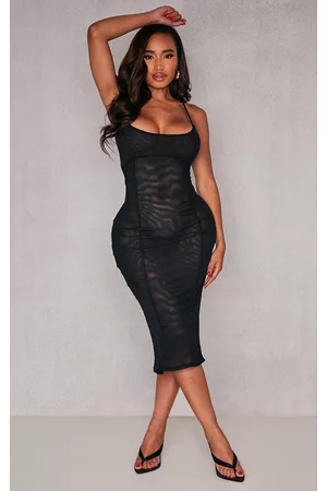 PRETTYLITTLETHING Women Mesh bodycon dresses - Shape Black Mesh Seam Detail Bodycon Midi Dress
