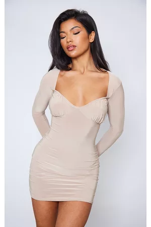 PRETTYLITTLETHING Nude Slinky Ruched Bust Long Sleeve Bodycon Dress