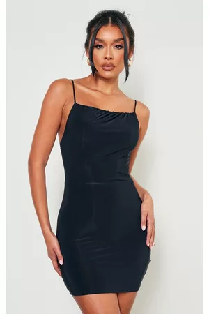PRETTYLITTLETHING Women Ruched bodycon dresses - Black Slinky Ruched Strap Detail Bodycon Dress