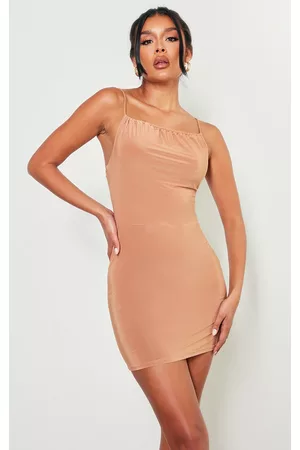 PRETTYLITTLETHING Women Ruched bodycon dresses - Taupe Slinky Ruched Strap Detail Bodycon Dress