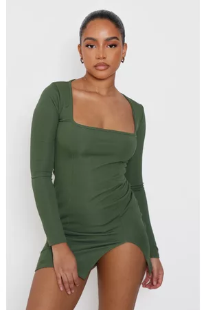 PRETTYLITTLETHING Women Long Sleeve Bodycon Dresses - Petite Khaki Rib Split Hem Square Neck Long Sleeve Bodycon Dress