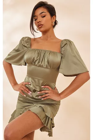 PRETTYLITTLETHING Women Ruched bodycon dresses - Olive Satin Ruched Side Frill Hem Bodycon Dress