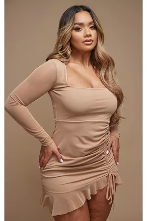 PRETTYLITTLETHING Women Long Sleeve Bodycon Dresses - Shape Taupe Mesh Long Sleeve Ruched Side Frill Hem Bodycon Dress