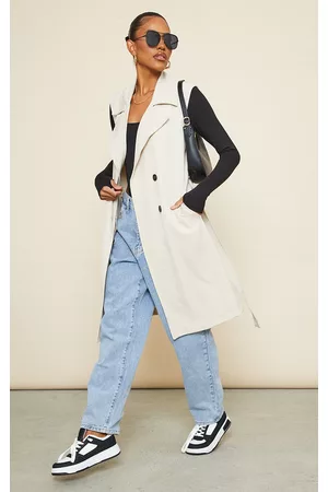 PRETTYLITTLETHING Women Trench Coats - Stone Sleeveless Belted Trench Coat
