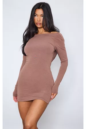 PRETTYLITTLETHING Chocolate Contour Jersey Long Sleeve Cowl Back Bodycon Dress