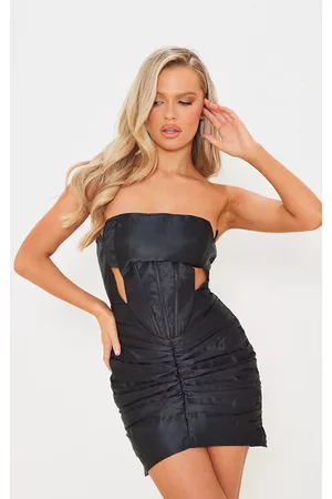 PRETTYLITTLETHING Black Woven Bandeau Cut Out Ruched Bodycon Dress
