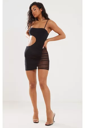 PRETTYLITTLETHING Black Slinky Cut Out Mesh Insert Ruched Bodycon Dress