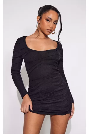 PRETTYLITTLETHING Women Long Sleeve Bodycon Dresses - Petite Black Textured Scoop Neck Long Sleeve Bodycon Dress