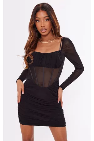 PRETTYLITTLETHING Black Mesh Corset Detail Ruched Bust Bodycon Dress