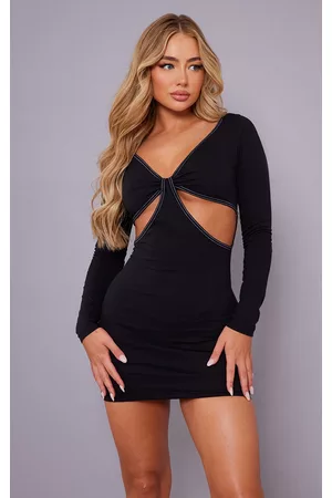 PRETTYLITTLETHING Women Long Sleeve Bodycon Dresses - Black Long Sleeve Cut Out Contrast Stitch Bodycon Dress