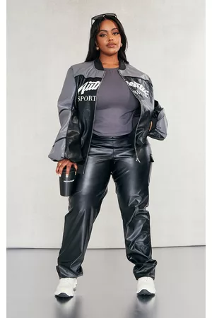 PRETTYLITTLETHING Women Bomber Jackets - Plus Black PU Sports Bomber