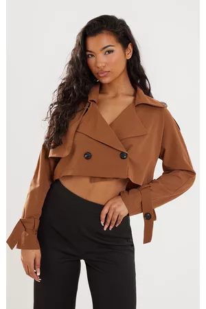 PRETTYLITTLETHING Women Trench Coats - Camel Cropped Woven Trench Coat
