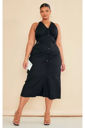 PRETTYLITTLETHING Women Casual Dresses - Plus Black Poplin Sleeveless Shirt Midi Dress