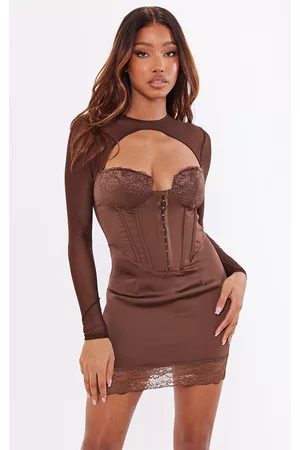 PRETTYLITTLETHING Women Mesh bodycon dresses - Chocolate Satin Lace Detail Hook & Eye Mesh Sleeve Bodycon Dress