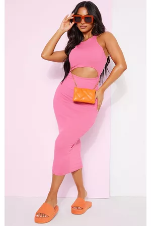 PRETTYLITTLETHING Petite Hot Pink Cut Out Racer Neck Rib Bodycon Dress