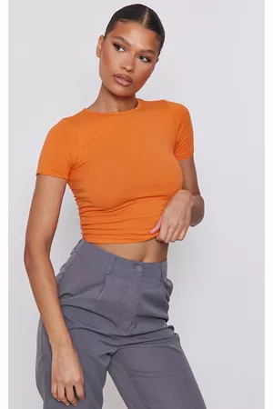 PRETTYLITTLETHING Women T-Shirts - Orange Cotton Blend Fitted Crew Neck T Shirt
