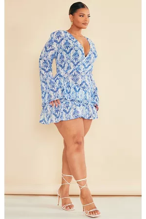 PRETTYLITTLETHING Women Printed & Patterned Dresses - Plus Baby Blue Printed Ruffle Detail Shift Dress