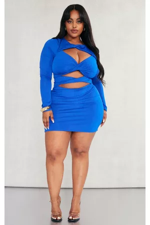PRETTYLITTLETHING Plus Bright Blue Long Sleeve Cut Out Bodycon Dress
